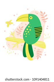 Vector cartoon illustration of a tropical bird Toucan.