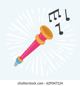 Vector cartoon illustration of trumpet. Notes take off from pipes as sound.