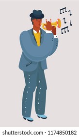 Vector Cartoon Illustration Of Trumpet Player With A Trumpet Or Pipe Stands On A White Background. Black Man In Suit And Hat Playing A Musical Instrument.