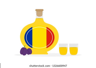 Vector cartoon illustration of tuica, traditional romanian spirit, alcoholic drink made of plums with two shot glasses.