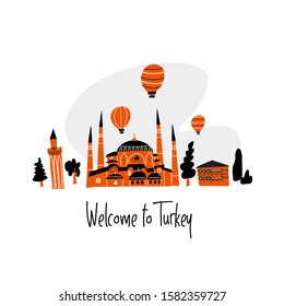 Vector cartoon illustration of turkish mosque, minaret and house. Welcome sign