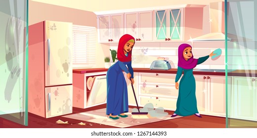 Vector cartoon illustration with two Arabian ladies clean kitchen. Dirty place with spots, cleaning by housemaids, servants. Slaves wash house, mopping in cookroom. Mother and daughter as housekeepers