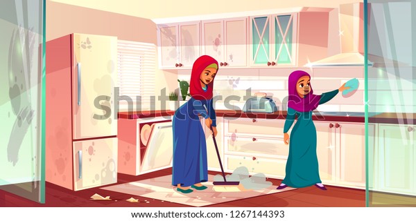 2人のアラビア人女性が清潔なキッチンを持つベクター漫画のイラスト 汚い場所に斑点があり 女中や召使による掃除 奴隷たちは料理室で掃除し 家を洗う 主婦としての母娘 のベクター画像素材 ロイヤリティフリー