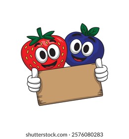 Vector cartoon illustration of two berries holding a blank poster on a white background
