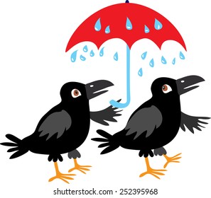 A vector cartoon illustration of two black crows sheltering from the rain under a red umbrella