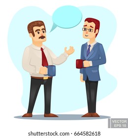 Vector cartoon Illustration of two businessmen discussing business strategy conversation between coworkers buring coffee break