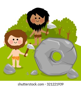 Vector cartoon illustration of two cavemen carving a big stone and creating a wheel.
