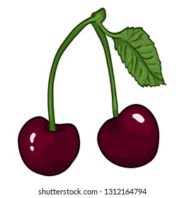 Vector Cartoon Illustration - Two Cherries on a Branch with Leaf