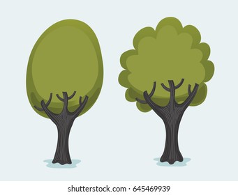 Vector cartoon illustration of two cute summer green trees isolated on white background