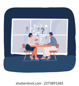 Vector cartoon illustration of Two diverse businesspeople chatting sitting in office. Informal conversation, work break concept interview over dark background