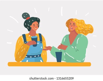 Vector cartoon illustration of Two female friends sitting in a cafe and have fun. Conversation, friendship, coworkers concept. Female character on white background.