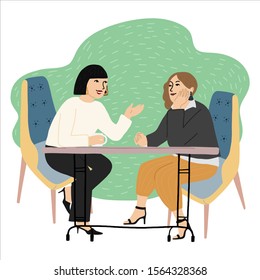 Vector cartoon illustration of two female friends sitting in a cafe drinking coffee and talking. Life, conversation, friendship concept, vector hand drawn illustration.