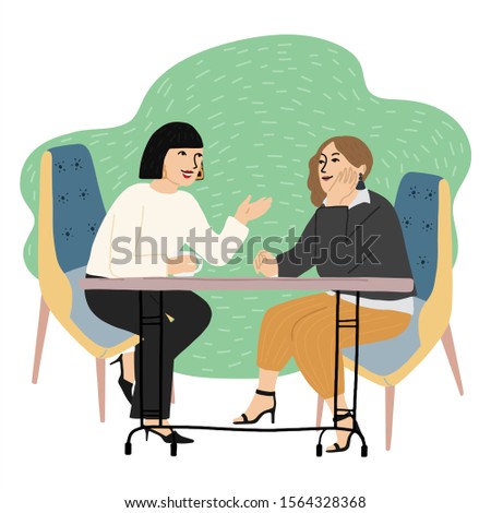 Vector cartoon illustration of two female friends sitting in a cafe drinking coffee and talking. Life, conversation, friendship concept, vector hand drawn illustration.