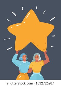 Vector cartoon illustration of two girls hold big star above. Awards or happy symbol concept with human characters. Best friends, coworkers, sister, mother and daughter. Human character on dark 