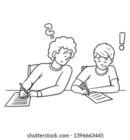 Vector Cartoon Illustration Of Two Guys Sitting Next To Each Other At A School Test. One Looks New-wise And Writes With His Neighbor. Black White, Outline, Test, Exam, Isolated.