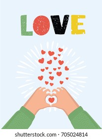 Vector cartoon illustration of two hands making heart sign. Love, romantic relationship concept. Hand drawn word LOVE.