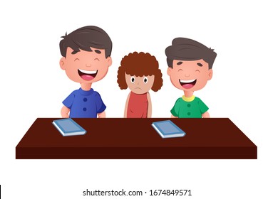 Vector cartoon illustration of two happy boys and sad girl. Isolated on white background.