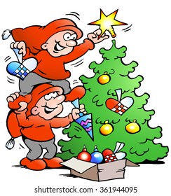 Vector Cartoon illustration of two happy Elf decorate the Christmas Tree