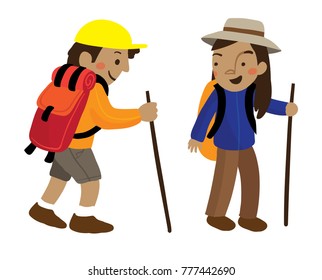 Vector cartoon illustration of two hikers with sticks hiking isolated on white background