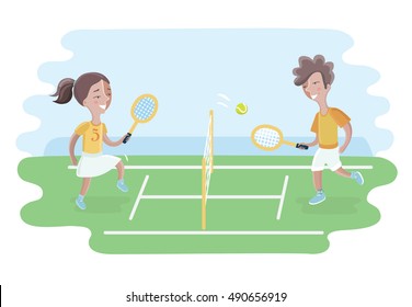 Vector cartoon illustration of two kids play tennis on court. Girls and boy