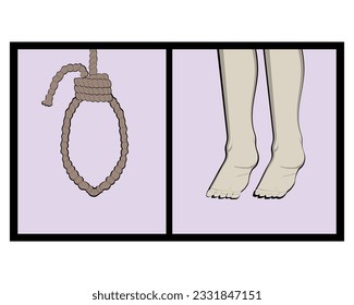 ilustración vectorial de dos piernas que parecen flotantes o colgadas como una persona que se está suicidando o ahorcando y una cuerda colgante a su lado como símbolo de la ilustración de la noticia del crimen.