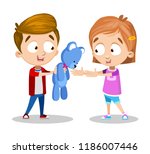 Vector cartoon illustration of two little kids sharing toys. Boy is giving his teddy bear to girl. Isolated on white background