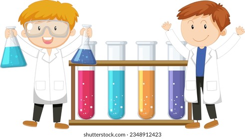 Vector cartoon illustration of two male scientists wearing gowns and conducting experiments with test tubes