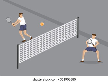 Vector cartoon illustration of two male tennis players playing a game using orange tennis ball in grey tennis court with low net across center. 