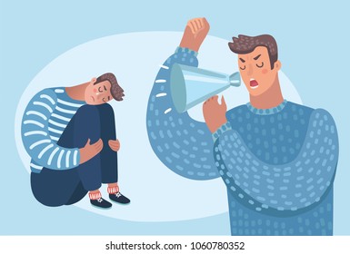 Vector cartoon illustration of Two men fighting angry. Man shouting at other person6 who crying. Family problems, pressure at work. Psychological abuse