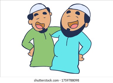 Dibujo vectorial de dos hombres celebrando Eid. Aislado sobre fondo blanco.