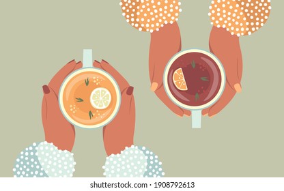 Vector cartoon illustration of two pairs of friends hands drinking herbal tea, cup mug, top view of the table. Friendly support in difficult times. Tea with citrus fruits. Tea break.