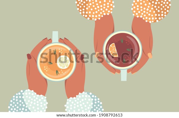 Vector cartoon\
illustration of two pairs of friends hands drinking herbal tea, cup\
mug, top view of the table. Friendly support in difficult times.\
Tea with citrus fruits. Tea\
break.