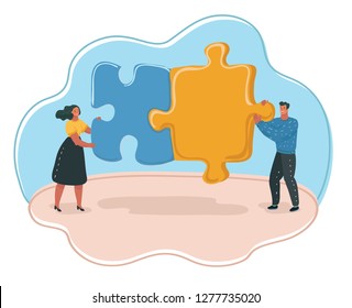 Vector cartoon illustration of two people attatched big giant Puzzle piece to each other. Man and woman interaction concept. Human character in modern style.