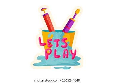 Vector cartoon illustration of two pichkari in bucket. Lettering text lets play. Isolated on white background. 