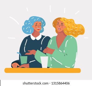 Vector cartoon illustration of two pretty girlfriends laughing while sitting in a bar outdoors - Students having pause and drinking cappuccino - Best friends talking and having fun.