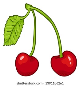 Vector Cartoon Illustration - Two Red Cherries on a Branch with Leaf