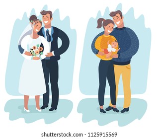 Vector cartoon illustration of two scene of happy family young couple. Happy just married couple and with a newborn baby.