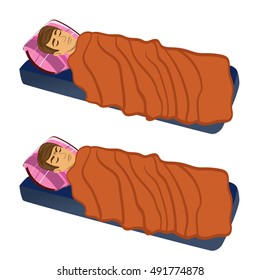 Vector cartoon illustration of a two sleeping man , one sees a good sleep, and the other sees a nightmare