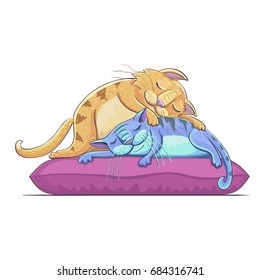 Vector cartoon illustration two sleeping cats pillow  Lovely cats friend