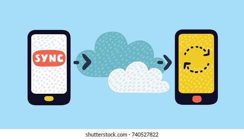 Vector cartoon illustration of two Smartphones synchronization, by clouds service. Syncing files and documents