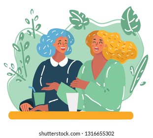 Vector cartoon illustration of Two style girlfriends having drink together and relaxing in cafe. Happy laughing woman together. Friendship and conversation concept. Vector cartoon illustration of Two style girlfriends having drink together and relaxing in cafe. Happy laughing woman together. Friendship and conversation concept.