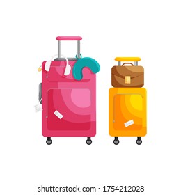 Vector cartoon illustration of two suitcases with travel accessories. Travel flat concept isolated. Vacation set of luggage, carry on, briefcase, baggage, pillow, headset. Trip after covid quarantine