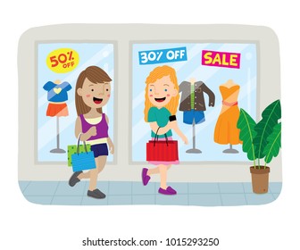 Vector cartoon illustration of two teenage girls shopping at the mall during a sale