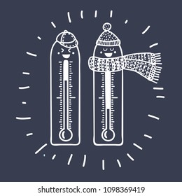 Vector cartoon illustration of Two thermometers with smiling face.Symbols of hot and cold weather. Modern outline concept in black and white colors.