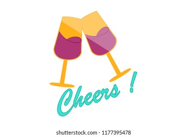 Vector cartoon illustration of two wine glass. Lettering cheers text. Isolated on white background.