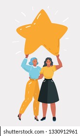 Vector cartoon illustration of two woman holding big star. Rating concept. Human character on white background. Wish come through.