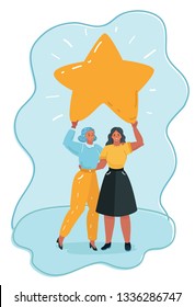 Vector cartoon illustration of two woman is standing and holding cartoon big star. Wish come through.