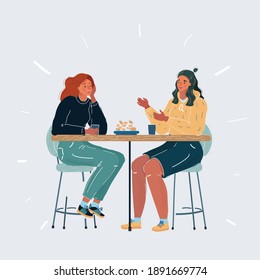 Vector cartoon illustration of two woman at table on white background. Meeting friends or girlfriends on white background.