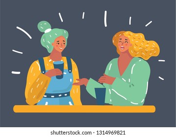 Vector cartoon illustration of Two women chatting, smiling and in cafe, enjoying a coffee