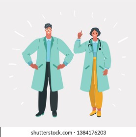 Vector cartoon illustration of Two young doctors, man and woman, medical group, colleagues. Isolated on white background.